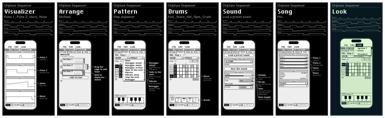 The Visualizer, Arrange, Pattern, Drums, Sound, Song and Look screens