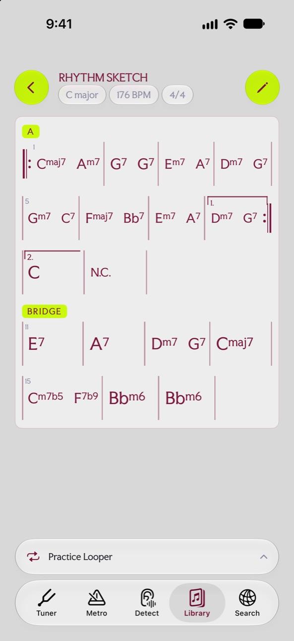 A rhythm sketch chord chart in C major with a bridge section