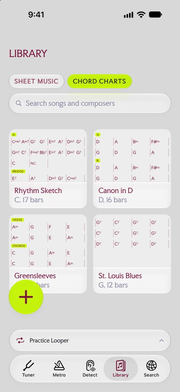 Chord charts in the Library, including Greensleeves and St. Louis Blues