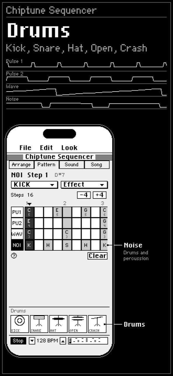 Drum pads for writing noise channel percussion