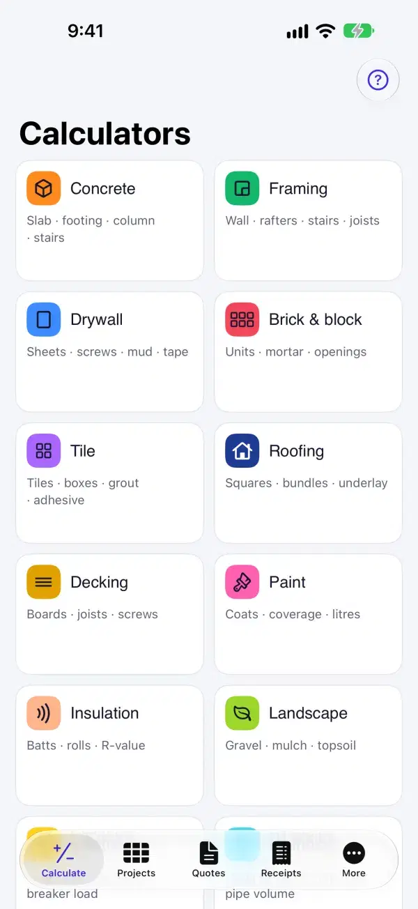 ConstructionTally calculators screen with concrete, framing, drywall, brick and block, tile, roofing, decking and paint cards