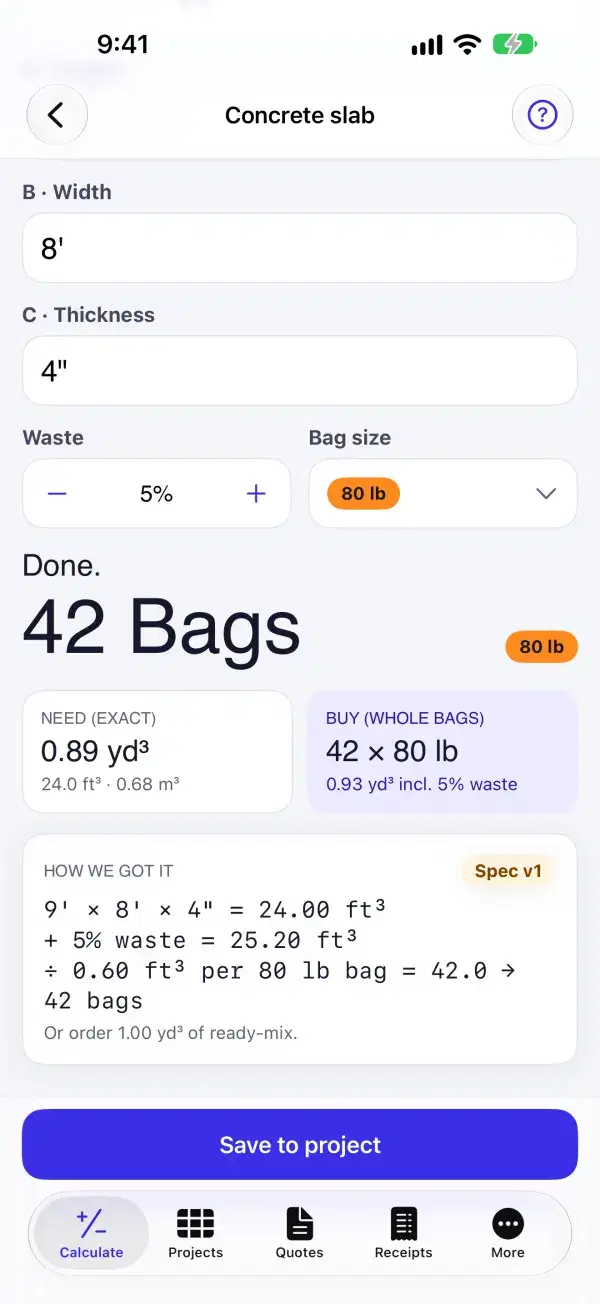 Concrete slab calculator with a diagram and the amount of concrete needed