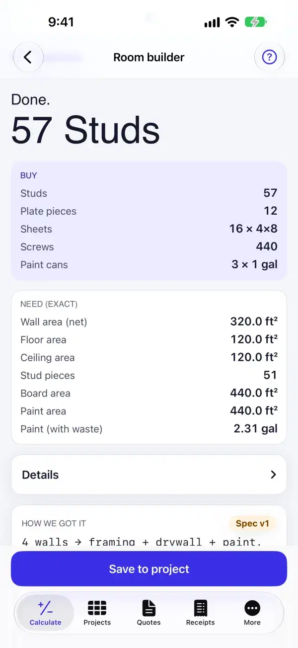 Whole-room calculation for a room's walls and floor
