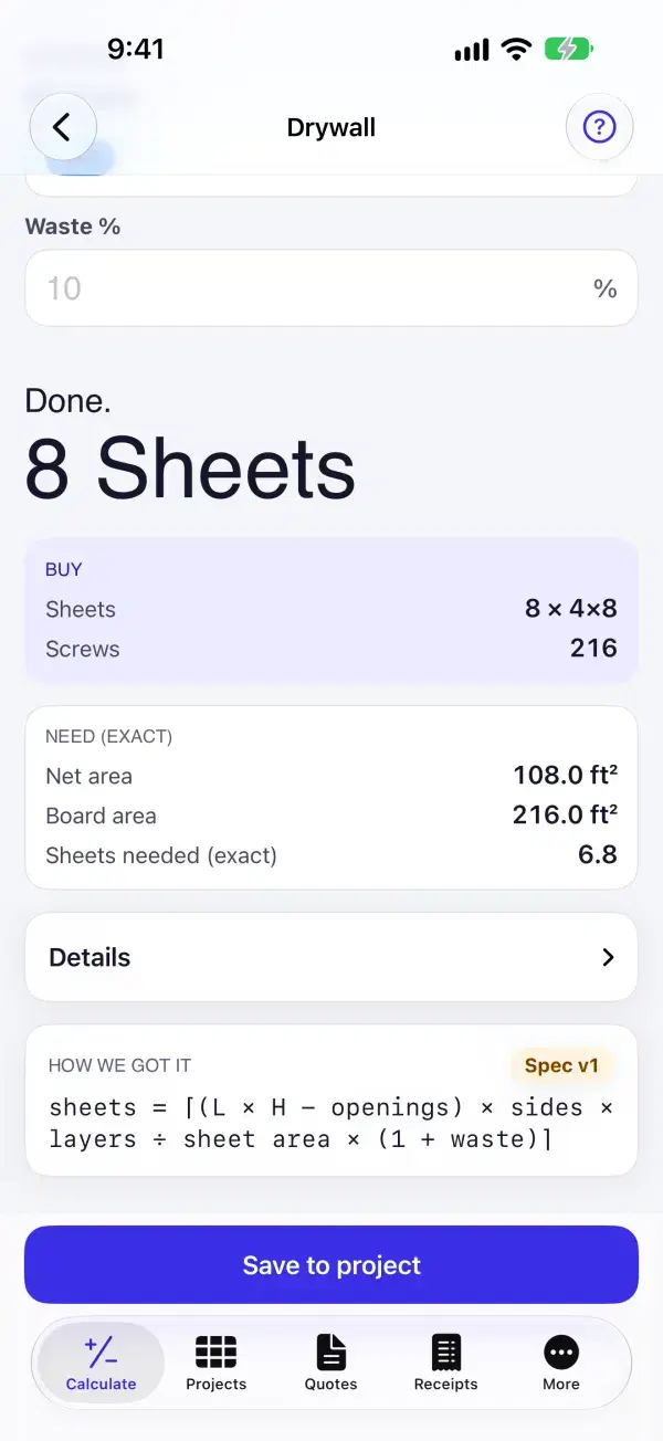 Drywall calculator showing sheets, screws, joint compound and tape