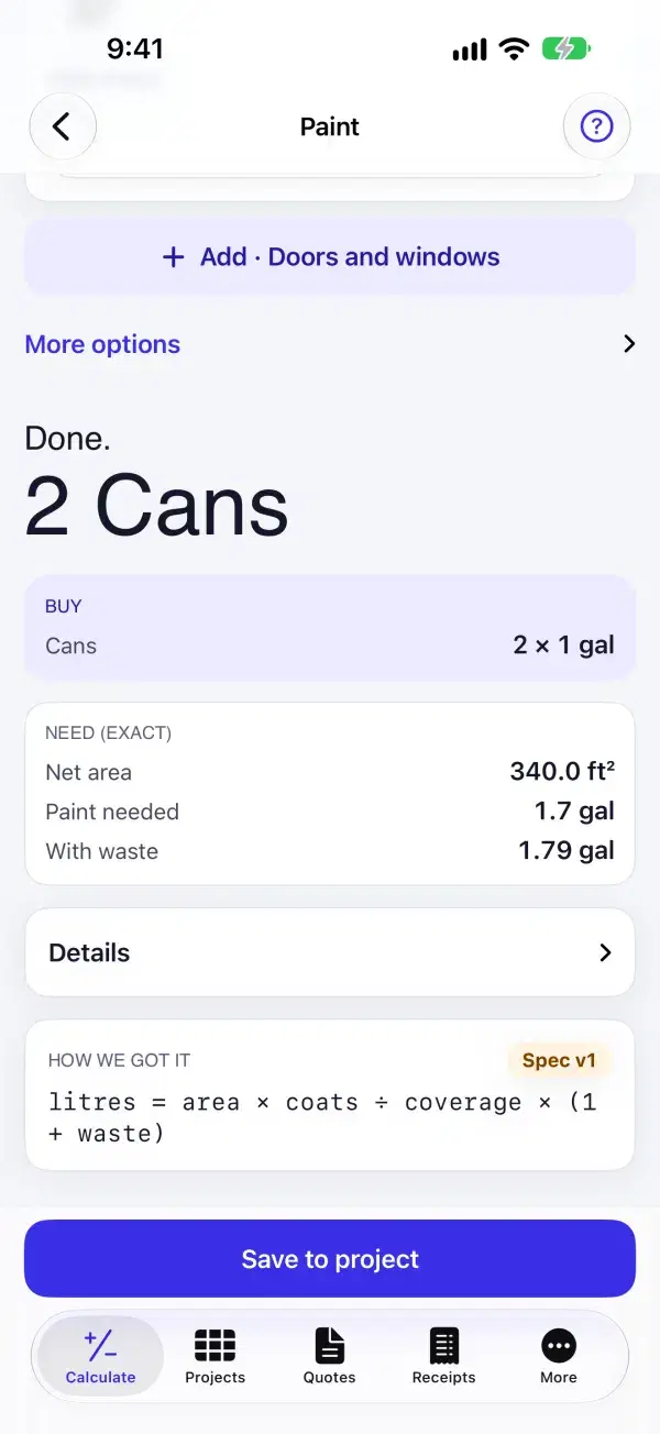 Paint calculator with the amount needed rounded to whole cans