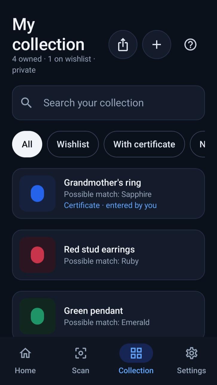 Private collection of rings, earrings and pendants, each labeled with its possible match, with wishlist and certificate filters