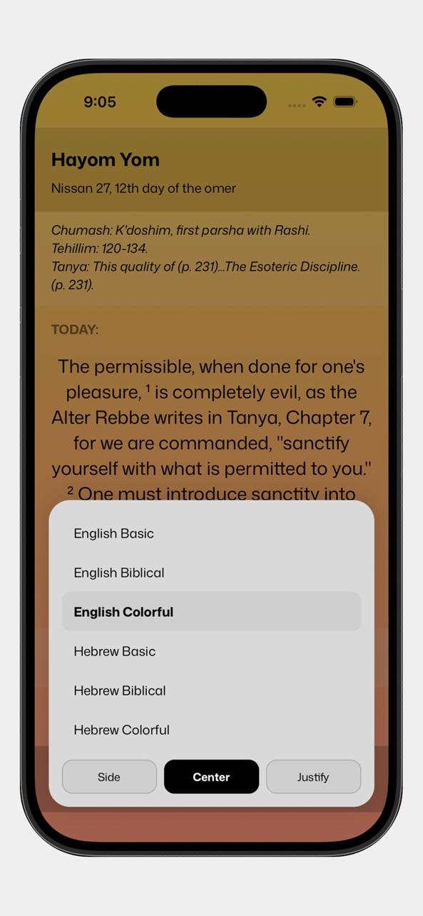 Today's Hayom Yom entry with the reading style and alignment picker open