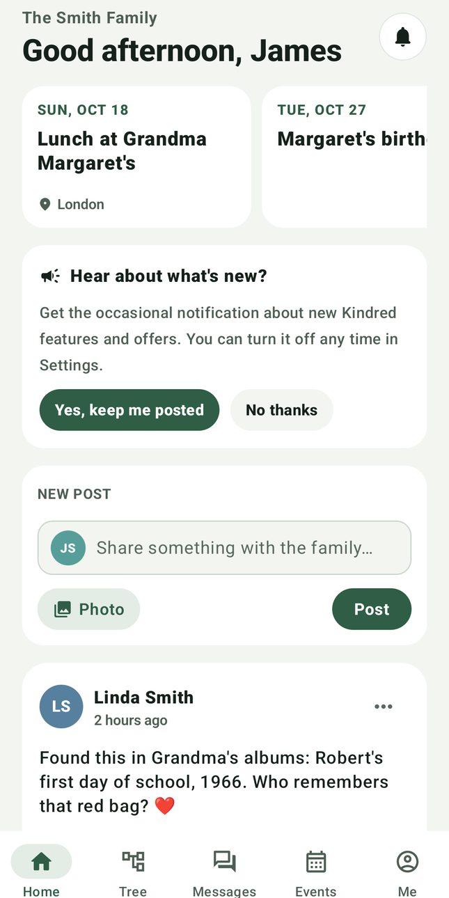 Kindred home screen with upcoming family events, a new post box and the family feed