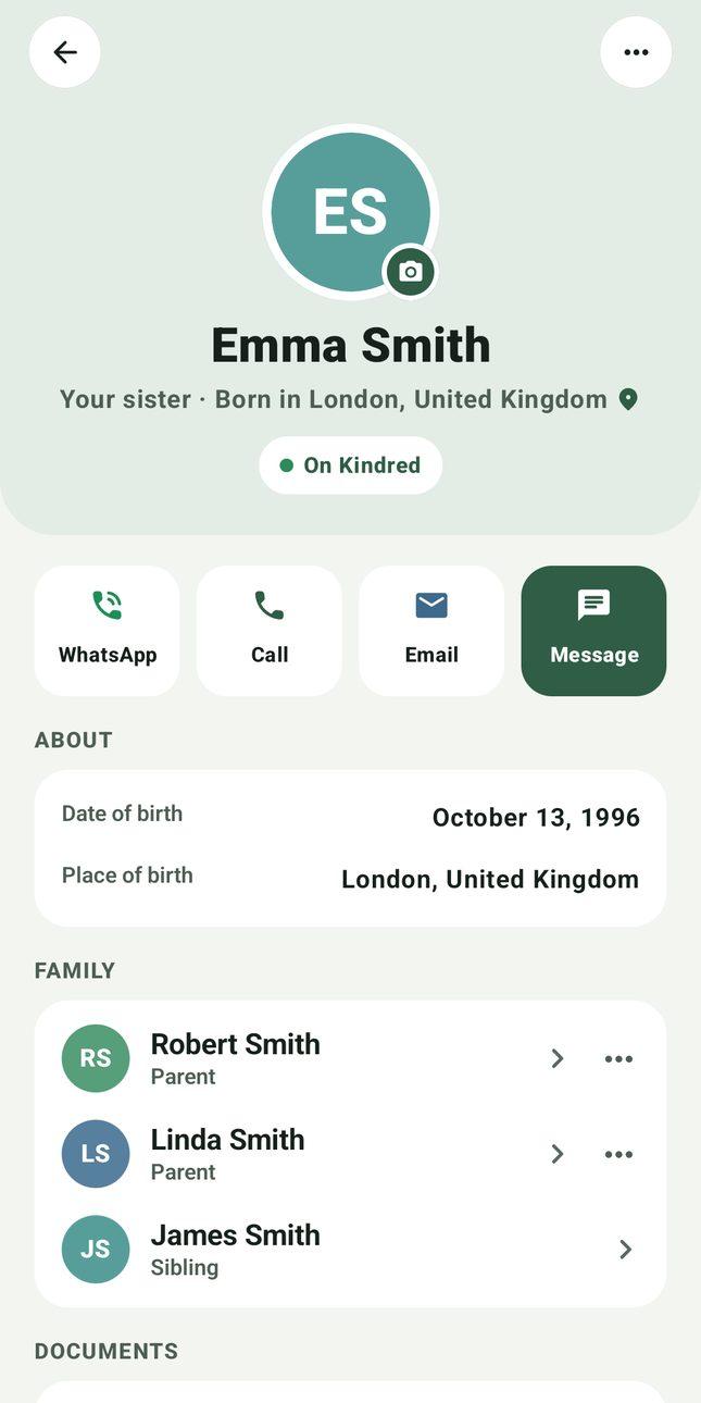 A relative's profile with date and place of birth, family links and WhatsApp, call, email and message buttons