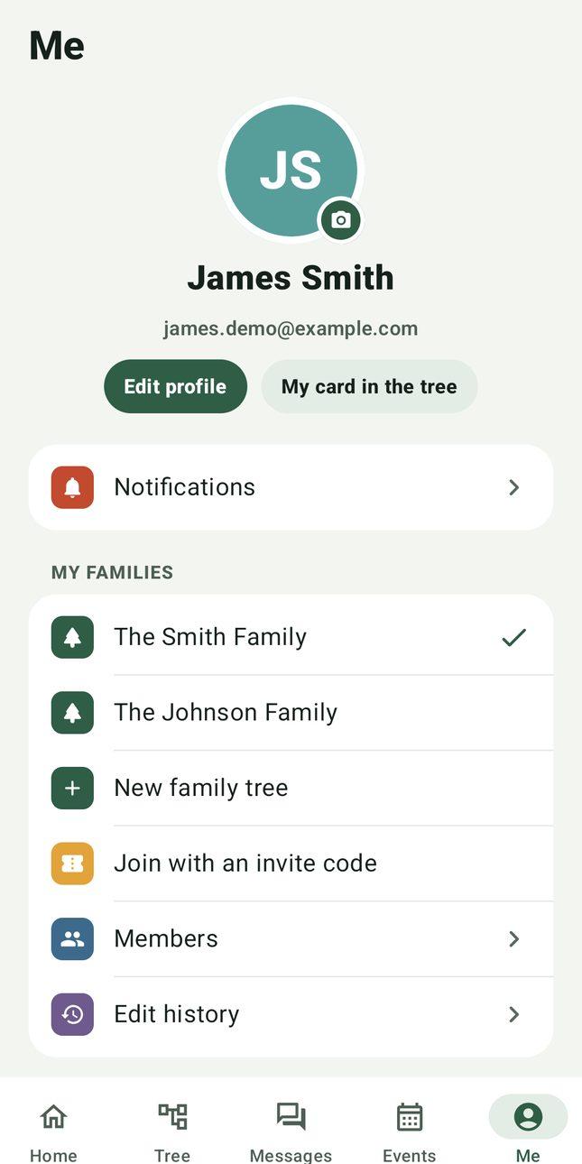 Profile screen with notifications, several family trees, members and edit history