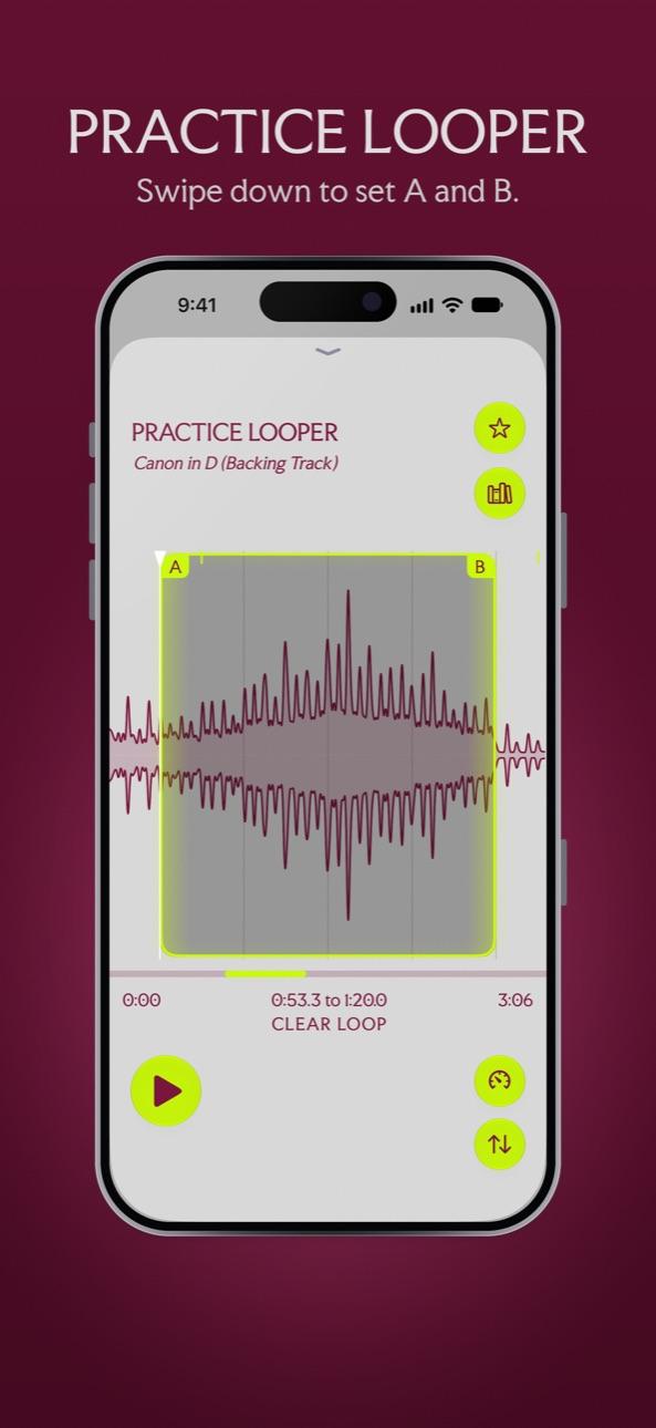 Practice looper with A and B loop points set on a song waveform