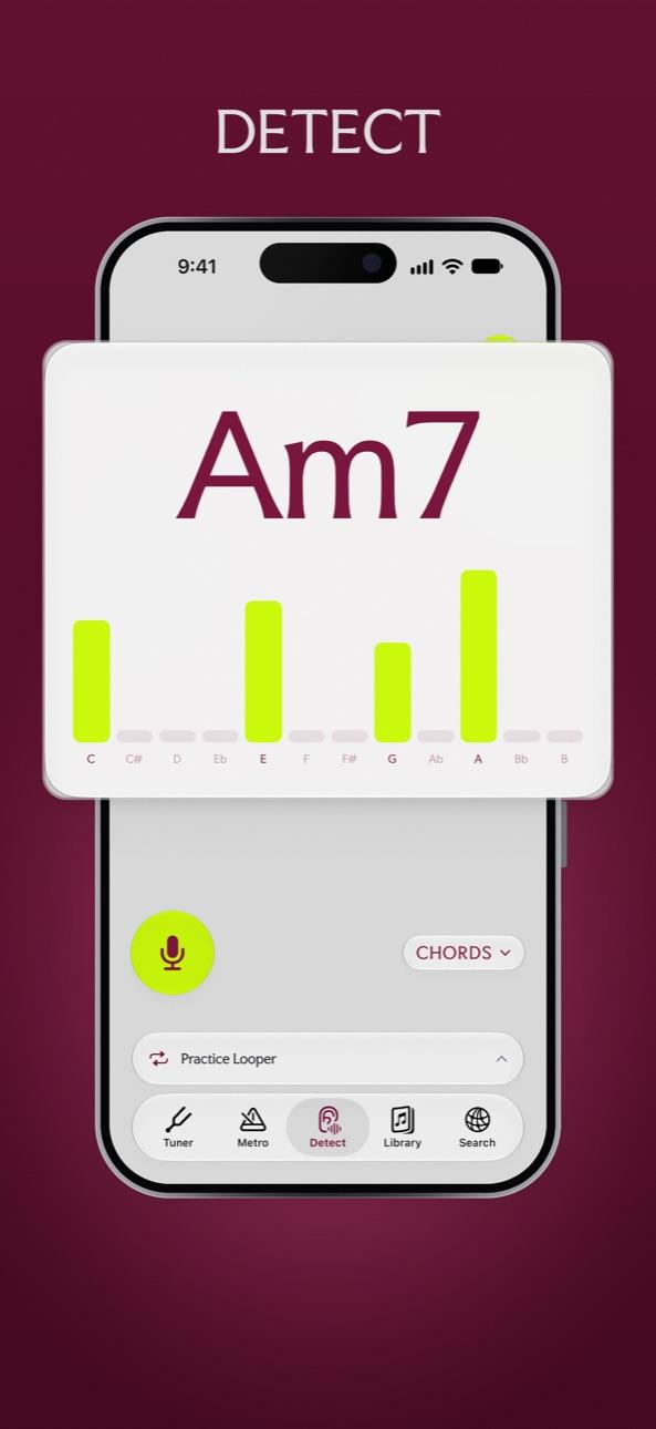 Chord detector naming the chord being played and the notes in it