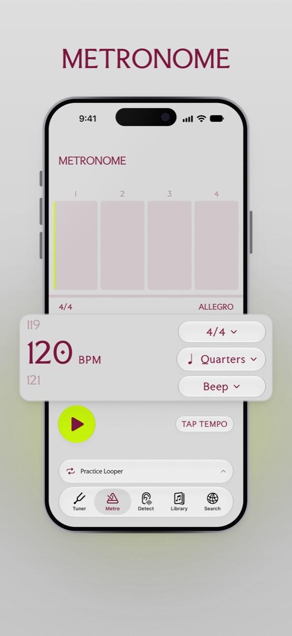Metronome with BPM, time signature and subdivision settings