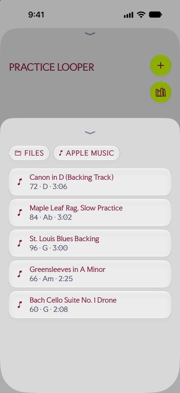 The looper's track list with FILES and APPLE MUSIC import buttons