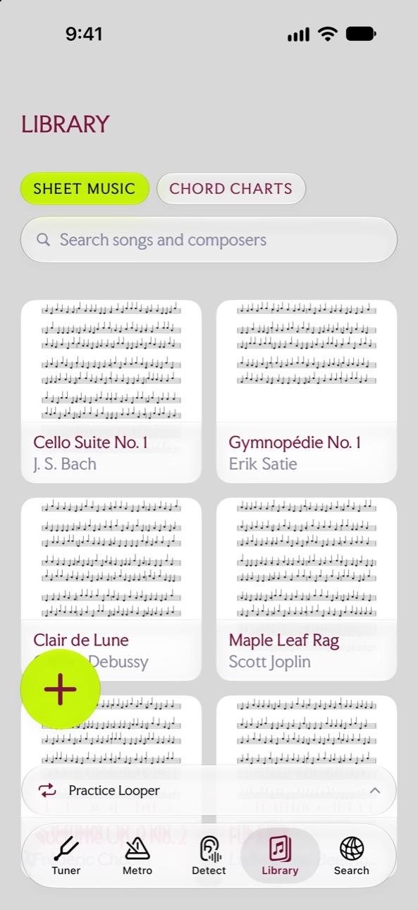 Sheet music library with scores by Bach, Satie, Debussy and Joplin