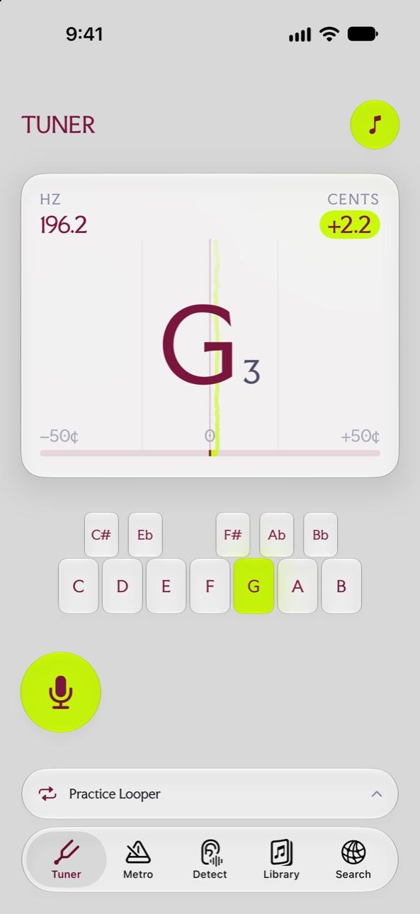 Tuner reading a G at 196.2 Hz, 2.2 cents sharp