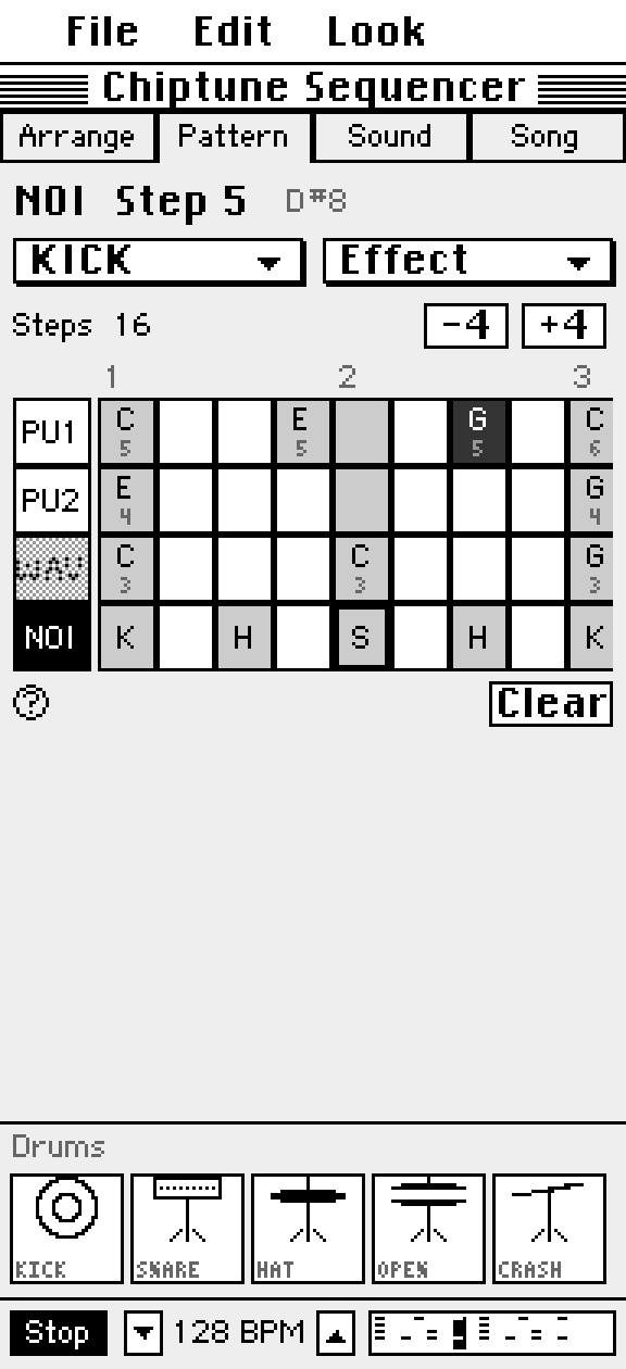 Five drum pads on the noise lane
