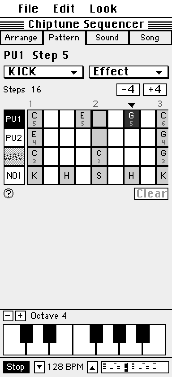 A pattern with notes across the four lanes and the on screen keyboard