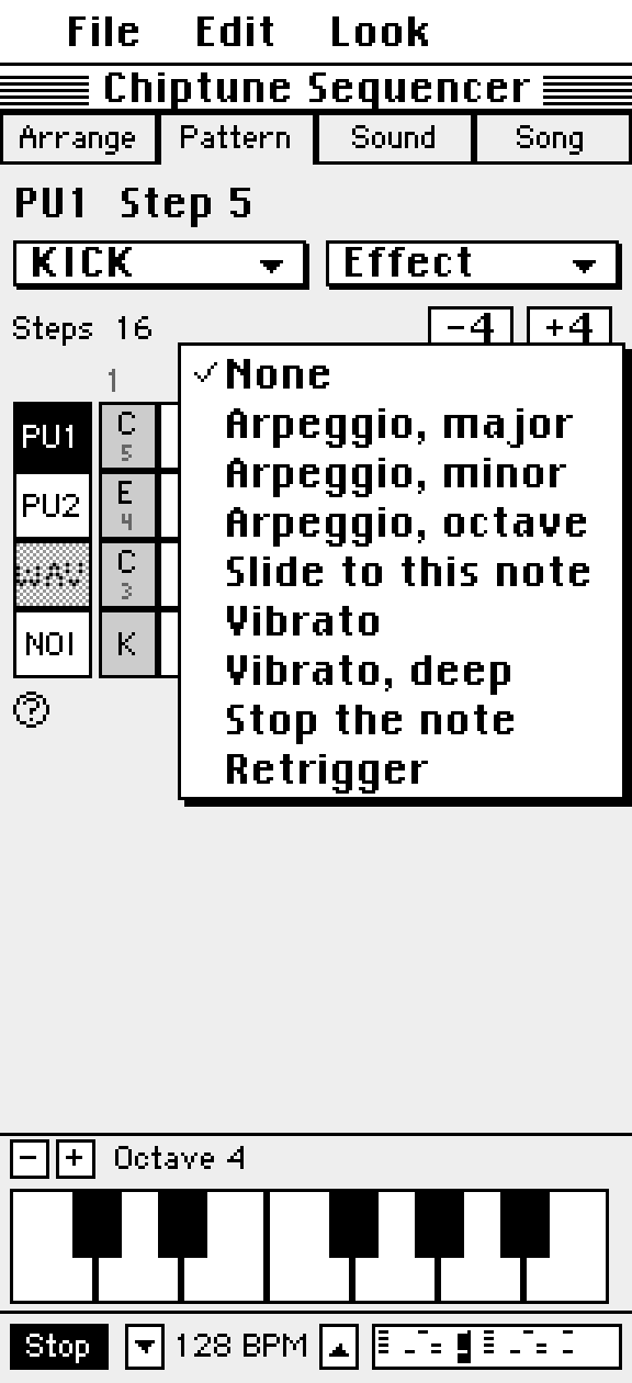 The effect menu on a step, listing Arpeggio, Slide, Vibrato and Retrigger